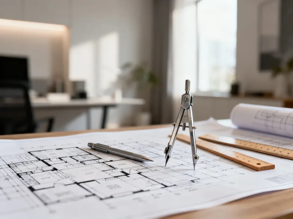 Szczegółowy projekt techniczny domu na biurku architekta z przyborami kreślarskimi.