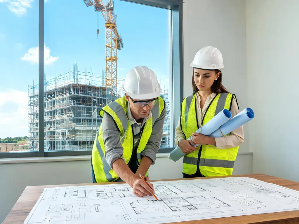 Architekci w kaskach analizują plany budowy w biurze, w tle widoczne rusztowania i żurawie na placu budowy.