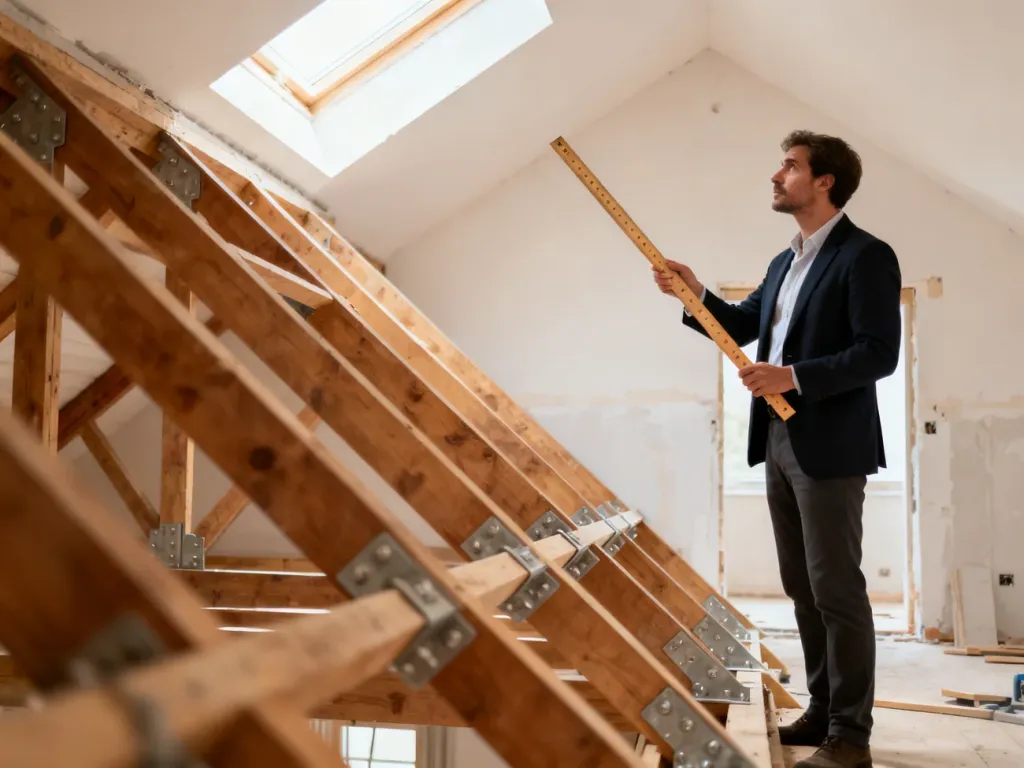Architekt kontroluje konstrukcję więźby dachowej na poddaszu podczas prac adaptacyjnych.