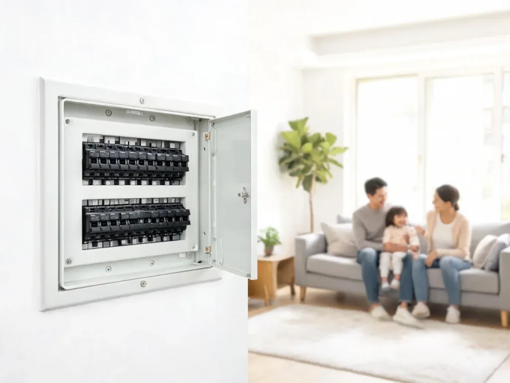 Nowa, uporządkowana rozdzielnia elektryczna w jasnym salonie zapewnia rodzinie bezpieczeństwo i spokój w domu