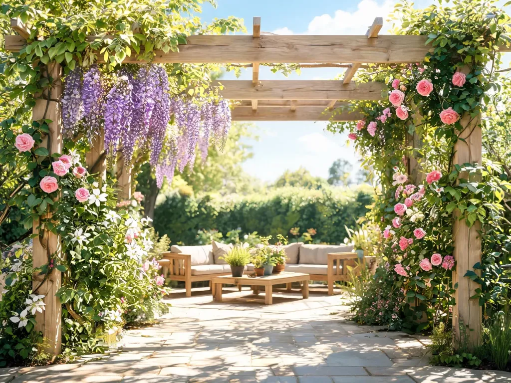 Pergola tarasowa porośnięta glicynią, powojnikiem i różami pnącymi nad przytulną strefą wypoczynku w słonecznym ogrodzie
