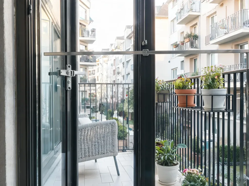 Zadbany balkon z solidnymi drzwiami, zamkiem i belką zabezpieczającą, pokazujący sposób ochrony przed włamaniem.