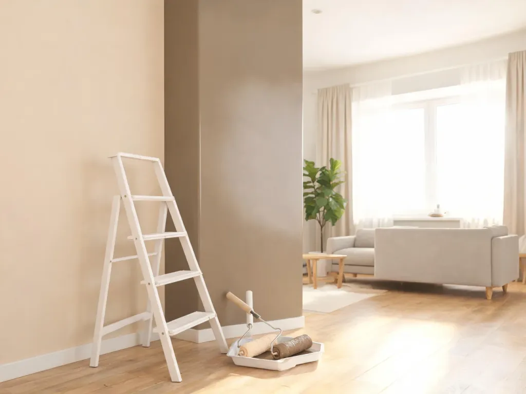 Jasny salon z dwiema ścianami w różnych odcieniach farby i wałkami malarskimi, pokazujący efekt farby ceramicznej i lateksowej.