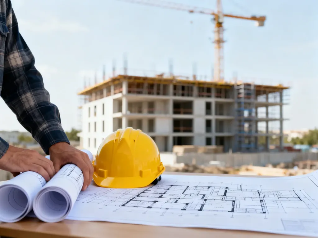 Architekt trzyma plany i kask nad projektem budynku, w tle nowoczesna budowa ilustrująca zmiany w projekcie budowlanym
