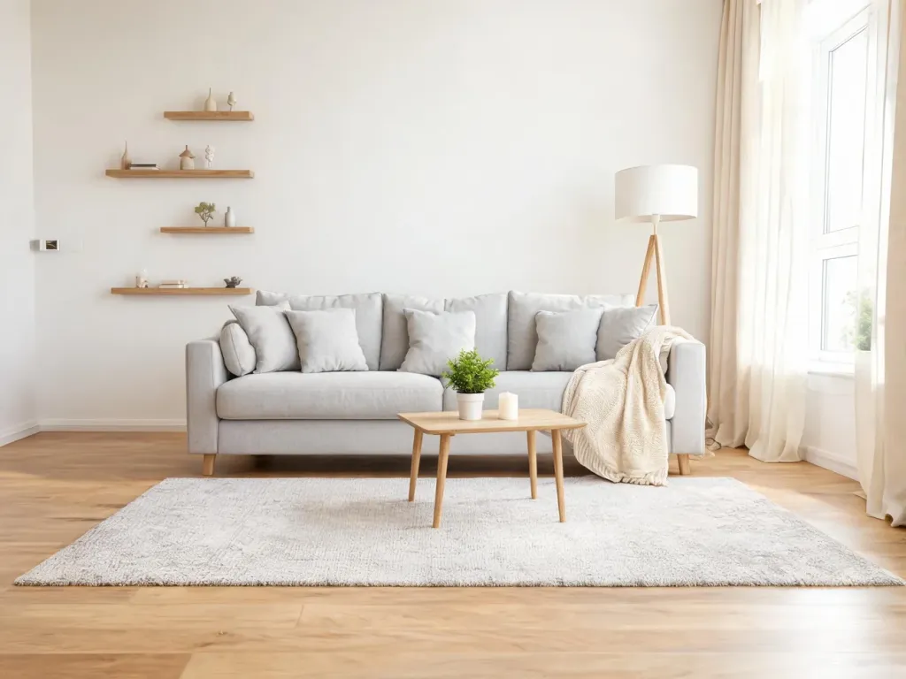 Jasny, przytulny salon w stylu skandynawskim z szarą sofą, drewnianym stolikiem i minimalistycznymi dodatkami.