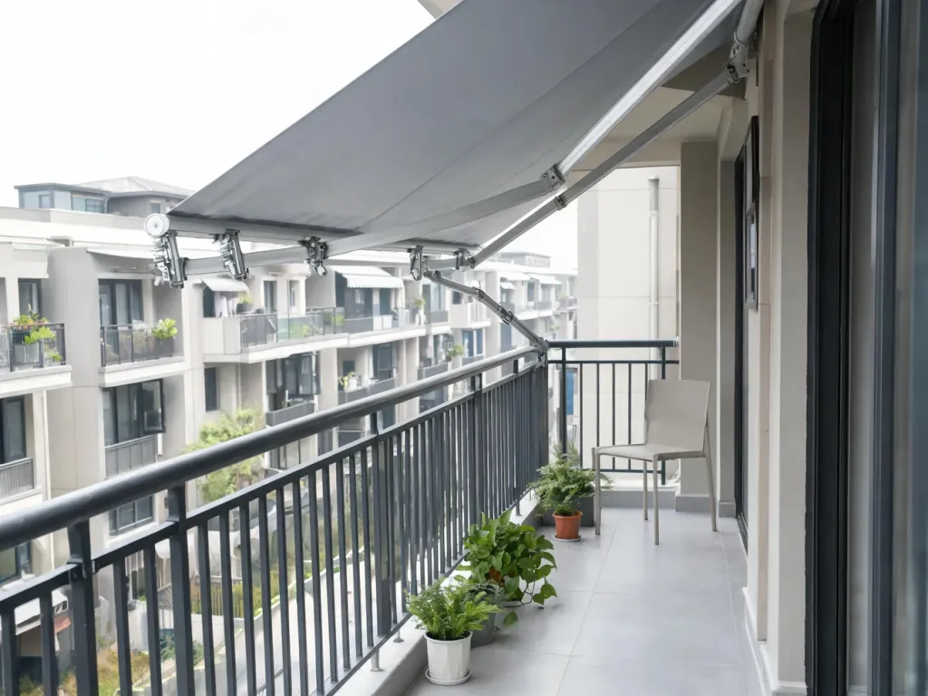 Balkon w bloku z jasnoszarą markizą na bezinwazyjnych uchwytach, z roślinami w donicach i prostym krzesłem.
