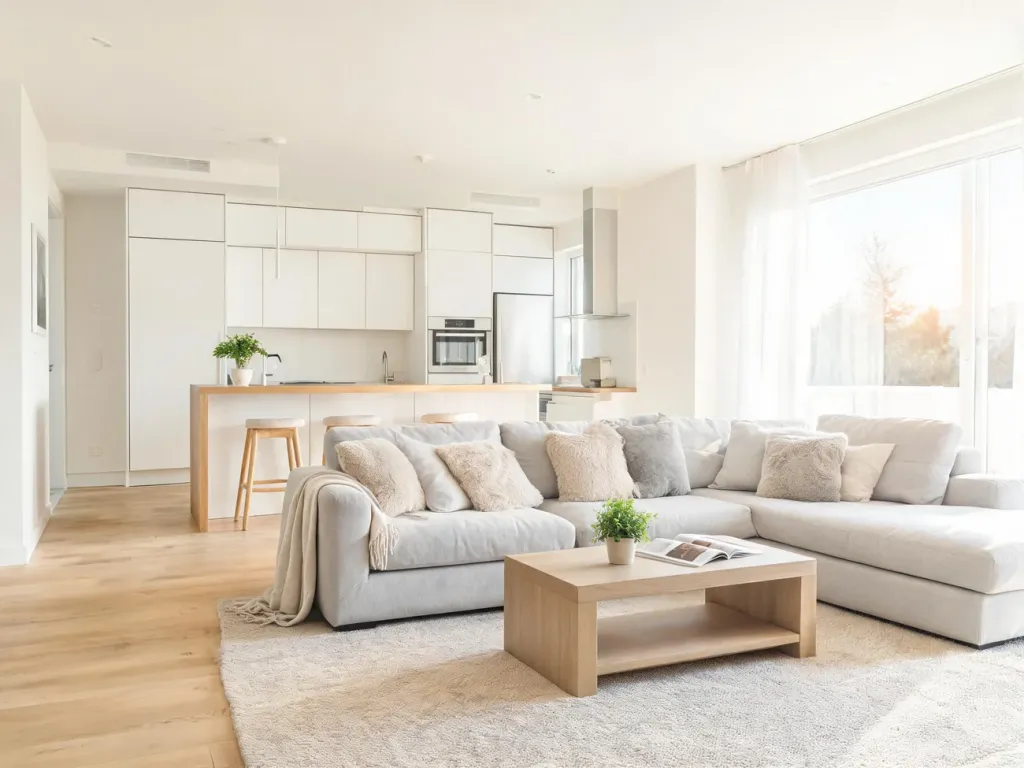 Jasny salon z aneksem kuchennym w stylu skandynawskim, z szarą sofą, drewnianą podłogą i minimalistyczną białą kuchnią.