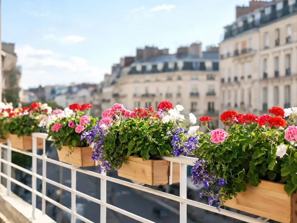 Kolorowe pelargonie, petunie i lobelie w skrzynkach na balkonie, pokazujące idealne kwiaty do obsadzenia balustrady.