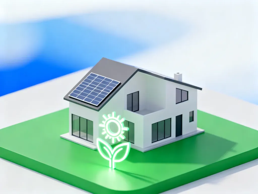 Trójwymiarowy model nowoczesnego, energooszczędnego domu z ikonami słońca i liścia, symbolizujący efektywność energetyczną.