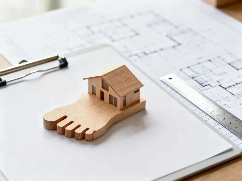Drewniana makieta nowoczesnego domu na planach architektonicznych, obrazująca koncepcję powierzchni zabudowy.