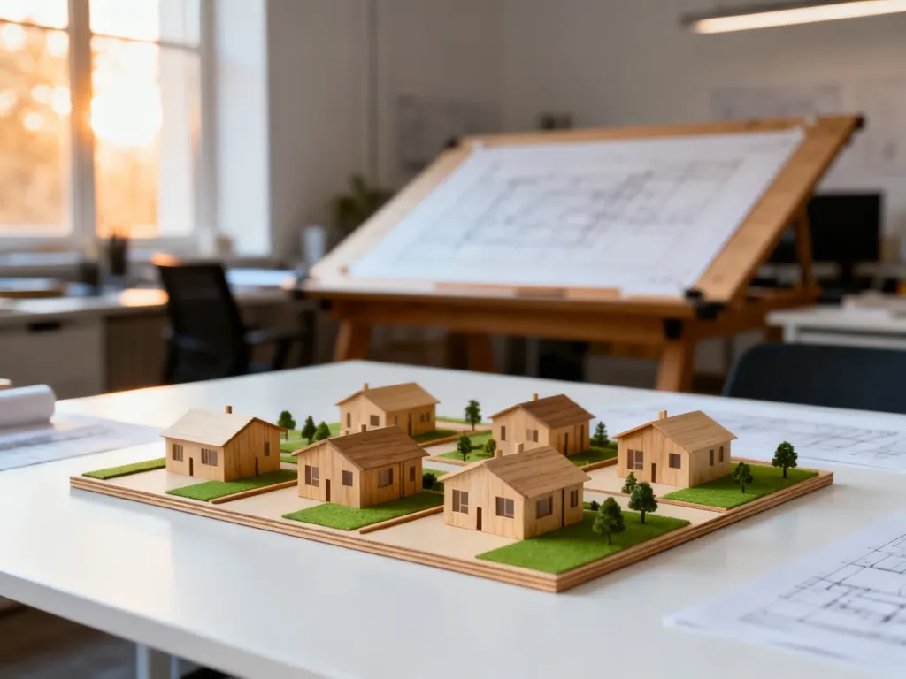 Makieta nowoczesnego osiedla na biurku architekta, ilustrująca proces planowania przestrzennego.