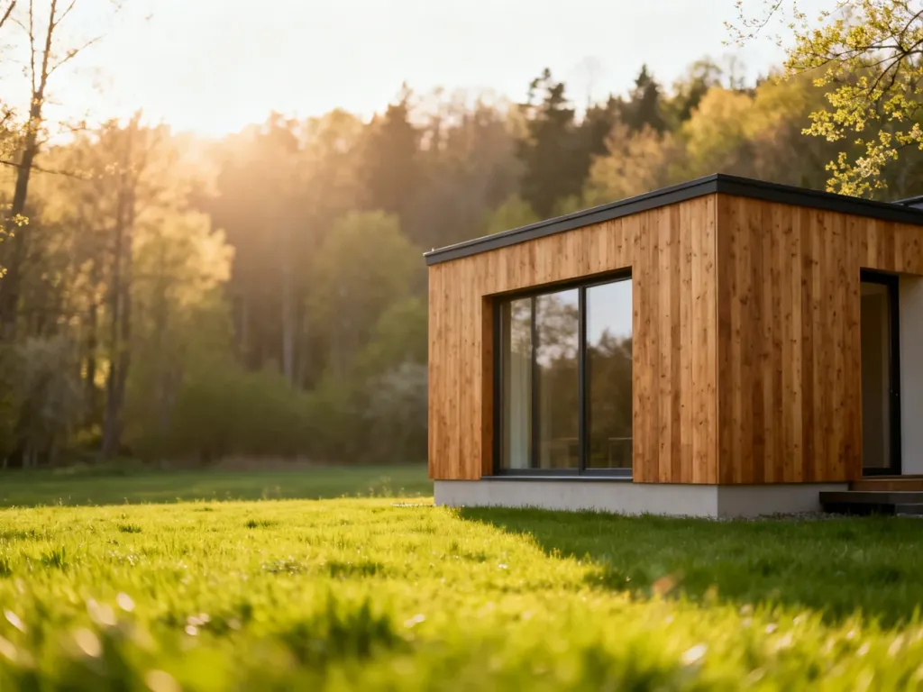 Nowoczesny, minimalistyczny dom o powierzchni do 70 m² z drewnianą elewacją, usytuowany na zielonej działce.