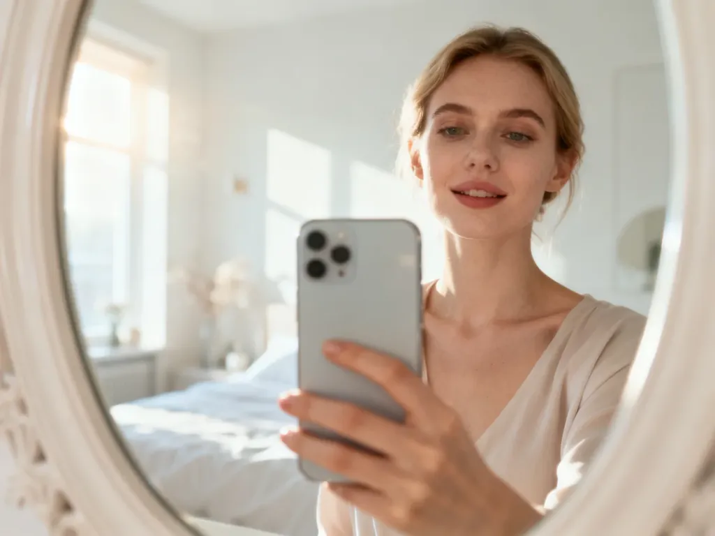 Stylowa kobieta robi sobie selfie w dużym lustrze w jasnej, minimalistycznej sypialni wypełnionej porannym światłem.