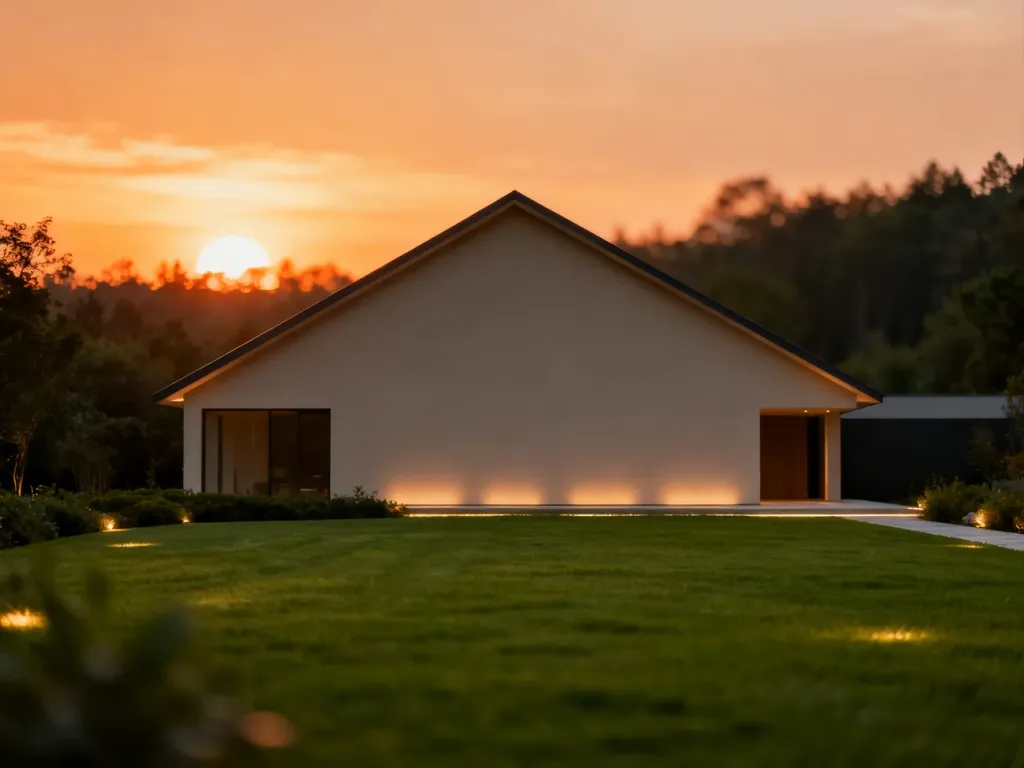 Nowoczesny dom z dachem dwuspadowym w otoczeniu zieleni o zachodzie słońca. Minimalistyczna bryła budynku w stylu loft.