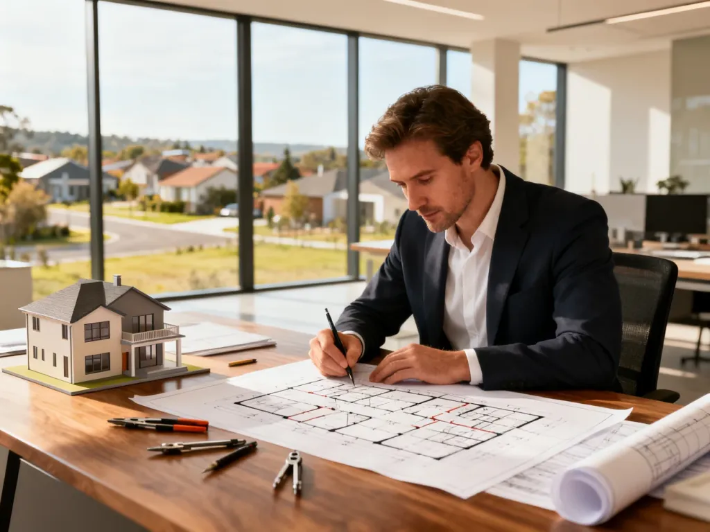 Architekt przy biurku z planami i modelem 3D domu, pracujący nad indywidualnym projektem architektonicznym.