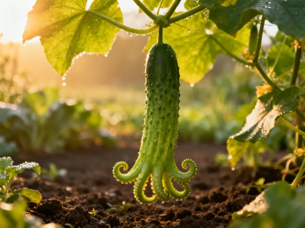 Dojrzały ogórek odmiany Octopus wiszący na zielonym krzewie w słonecznym ogrodzie.