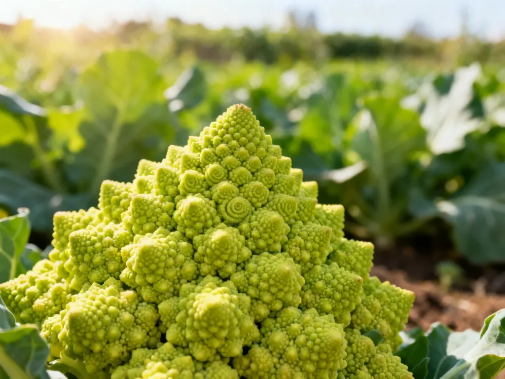 Zbliżenie na geometryczny, fraktalny wzór kalafiora romanesco w słonecznym ogrodzie warzywnym.