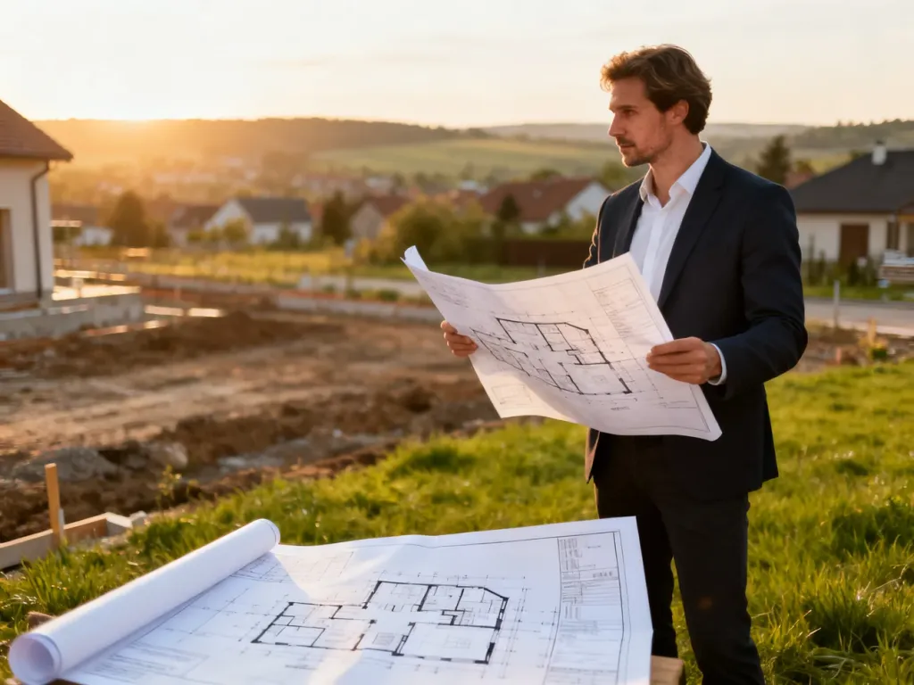 Architekt z planami na działce budowlanej, przygotowujący się do adaptacji projektu domu do warunków terenowych.