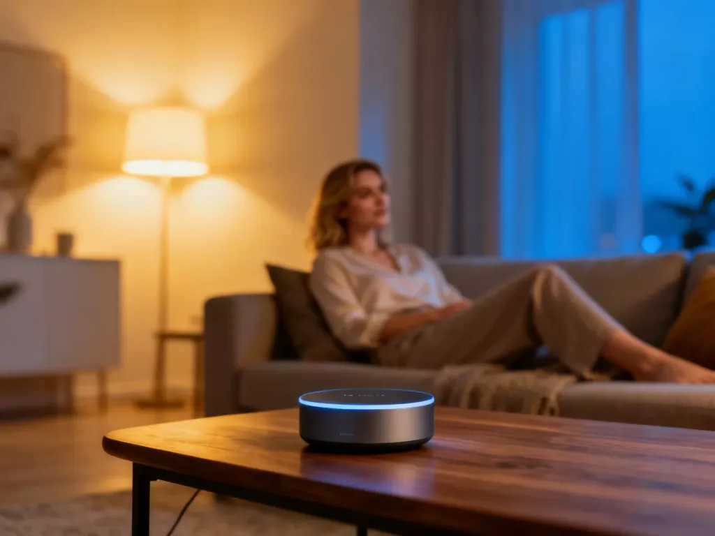 Nowoczesny salon z inteligentnym hubem na stole oraz kobietą relaksującą się w świetle sterowanego oświetlenia smart.