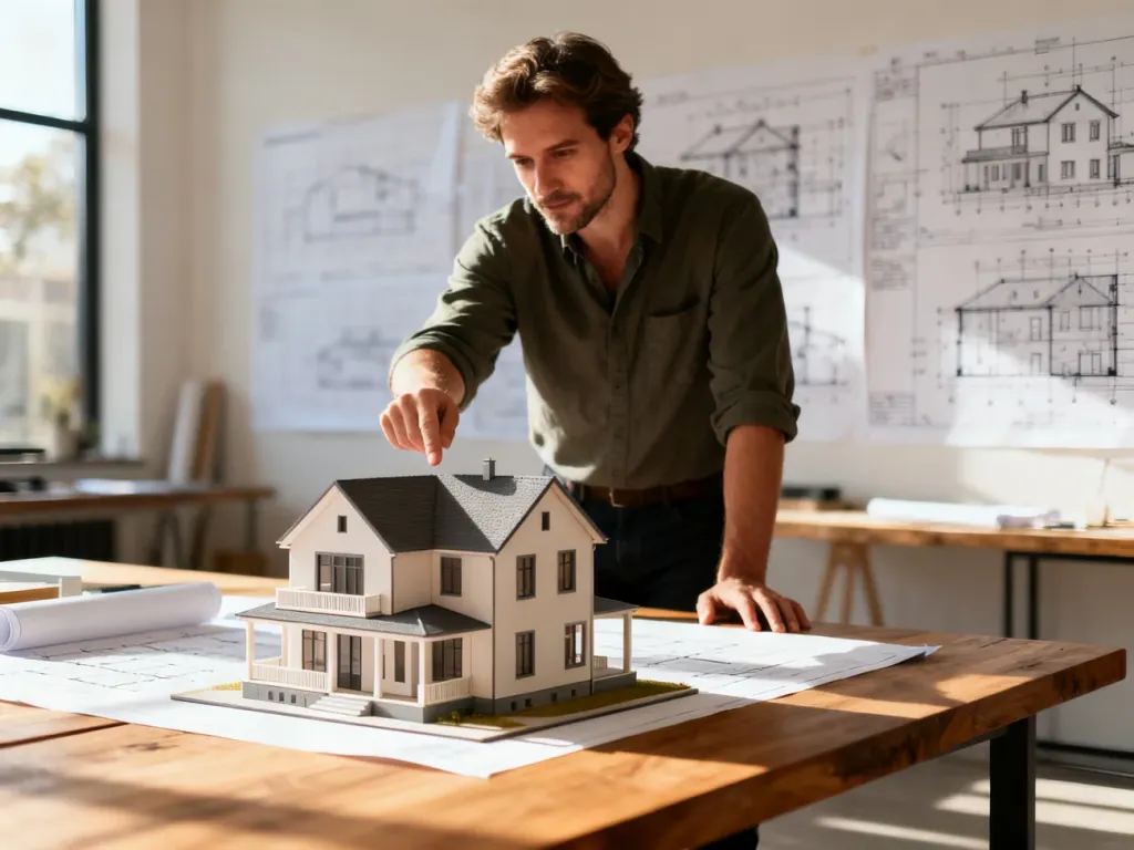 Architekt wskazuje na model 3D domu w nowoczesnej pracowni, prezentując proces projektowania budynku.