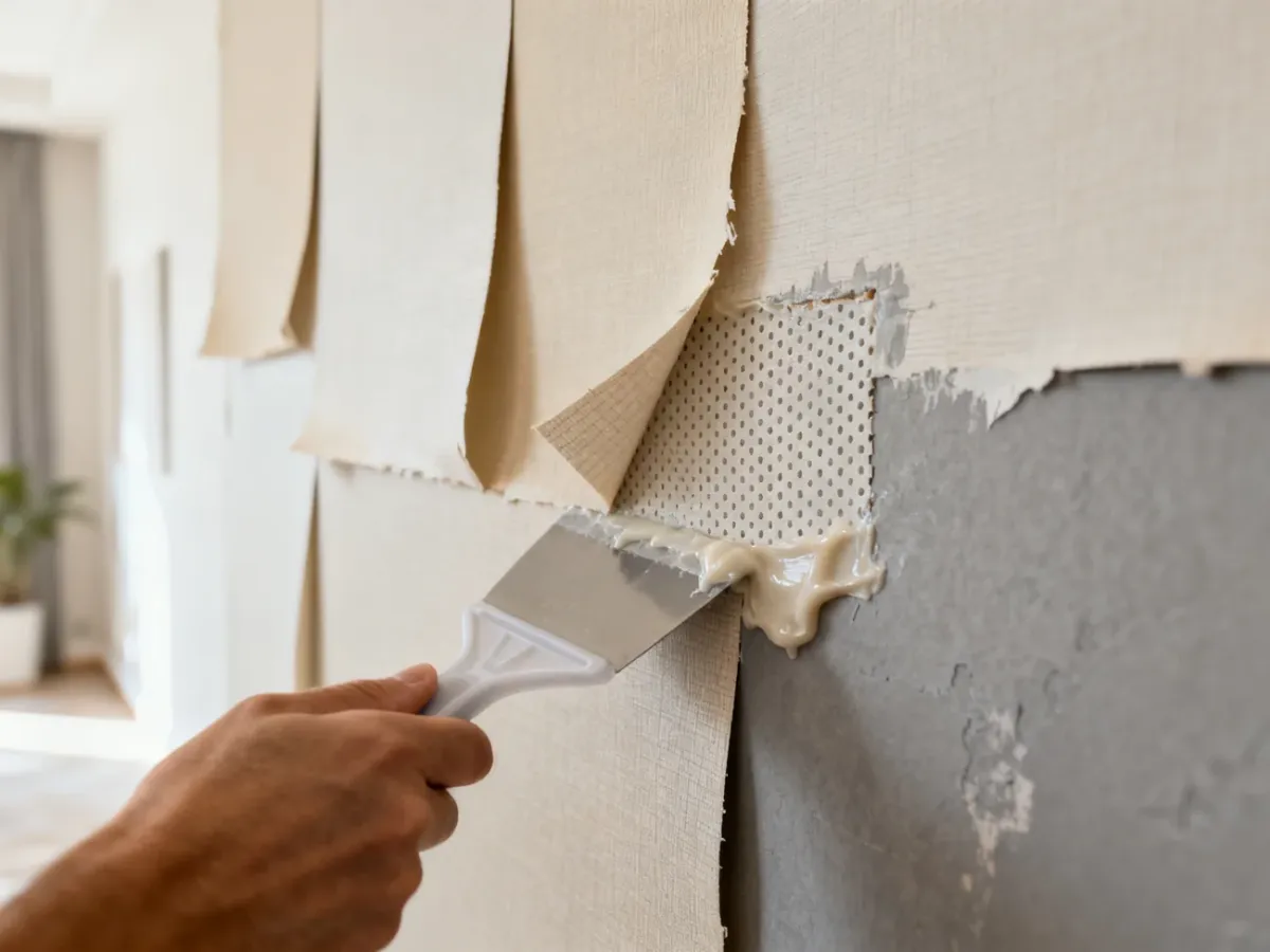 Próba usuwania kilku warstw tapety za pomocą plastikowej szpachelki