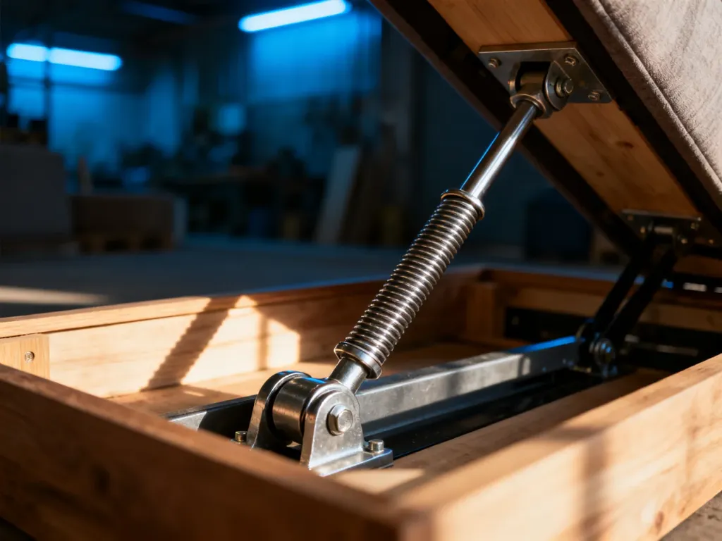 Metalowy siłownik gazowy wewnątrz drewnianej ramy wersalki, ukazujący mechanizm otwierania mebla.
