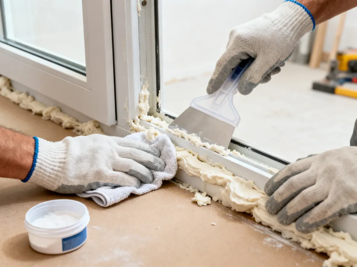 Usuwanie zaschniętej pianki montażowej z ramy PVC plastikową szpachelką