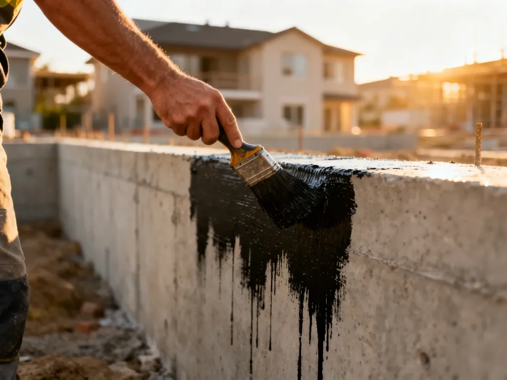 Pracownik nakłada pędzlem czarną masę bitumiczną na betonową ścianę fundamentową w celu wykonania hydroizolacji.