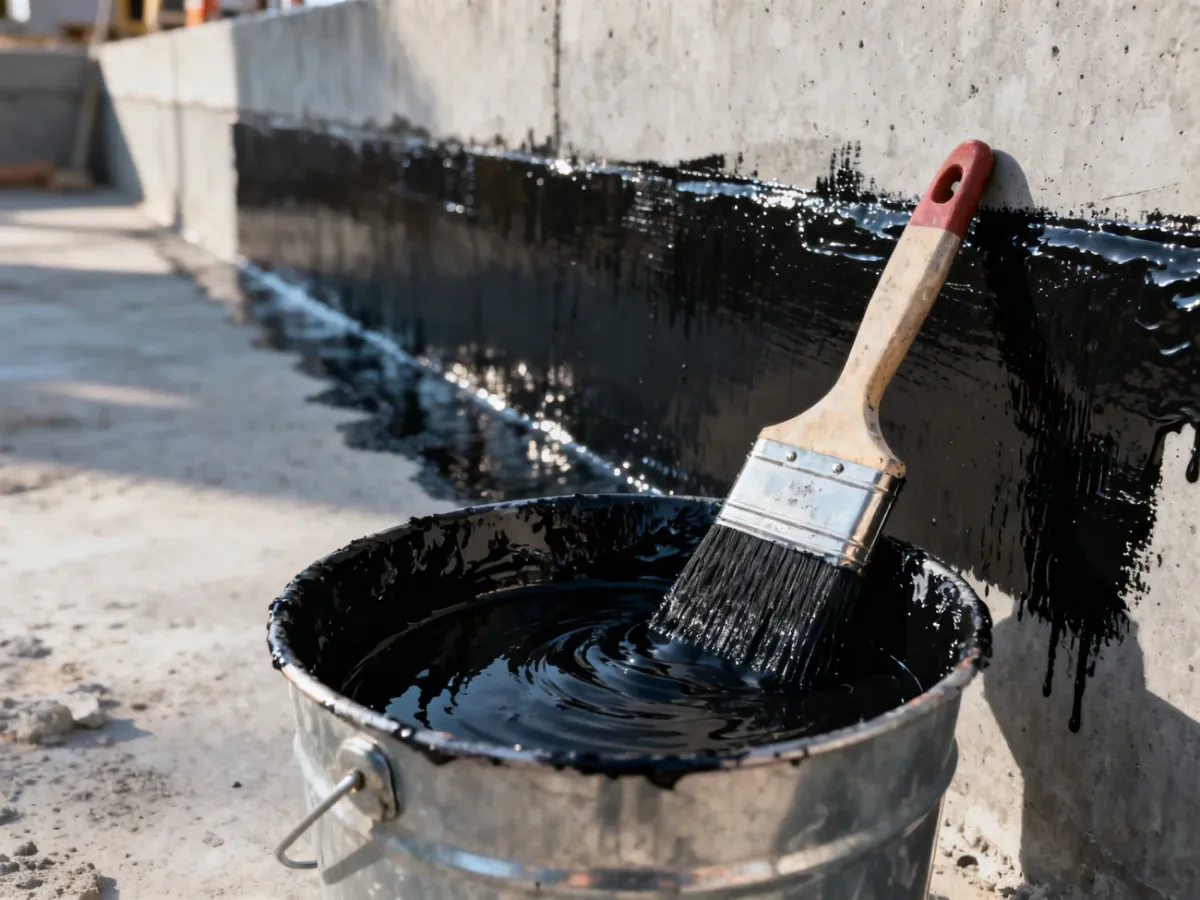 Wiadro z czarną masą bitumiczną i pędzel przy betonowym fundamencie, na który nakładana jest warstwa izolacji przeciwwilgociowej.