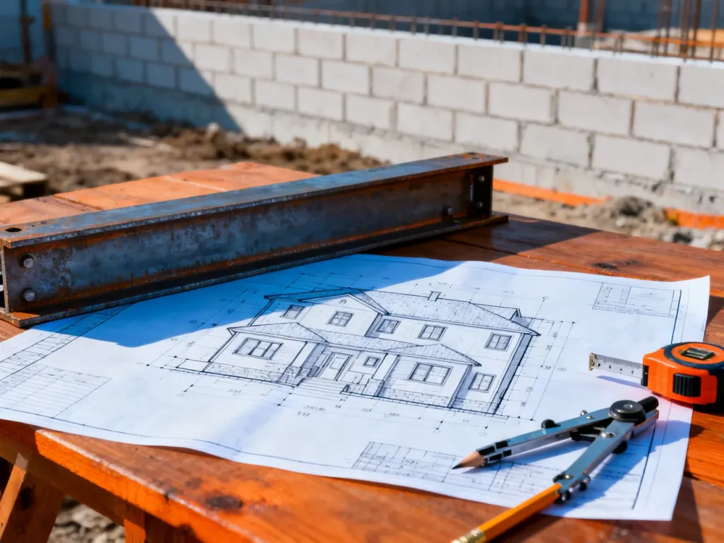 Projekt architektoniczny budynku z belką konstrukcyjną i narzędziami pomiarowymi na drewnianym stole.