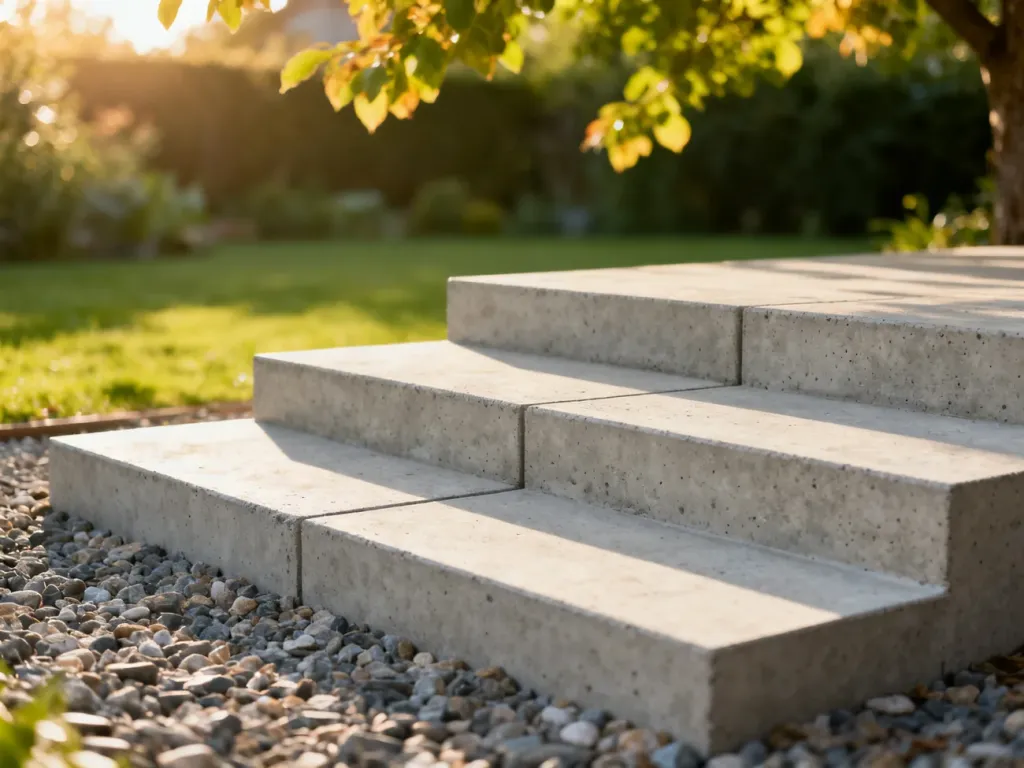 Betonowe stopnie układane na żwirowym podłożu w ogrodzie podczas budowy schodów.