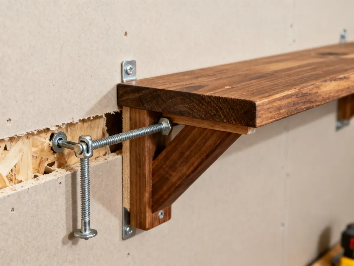 Metal Molly and toggle anchors securing a heavy shelf to drywall