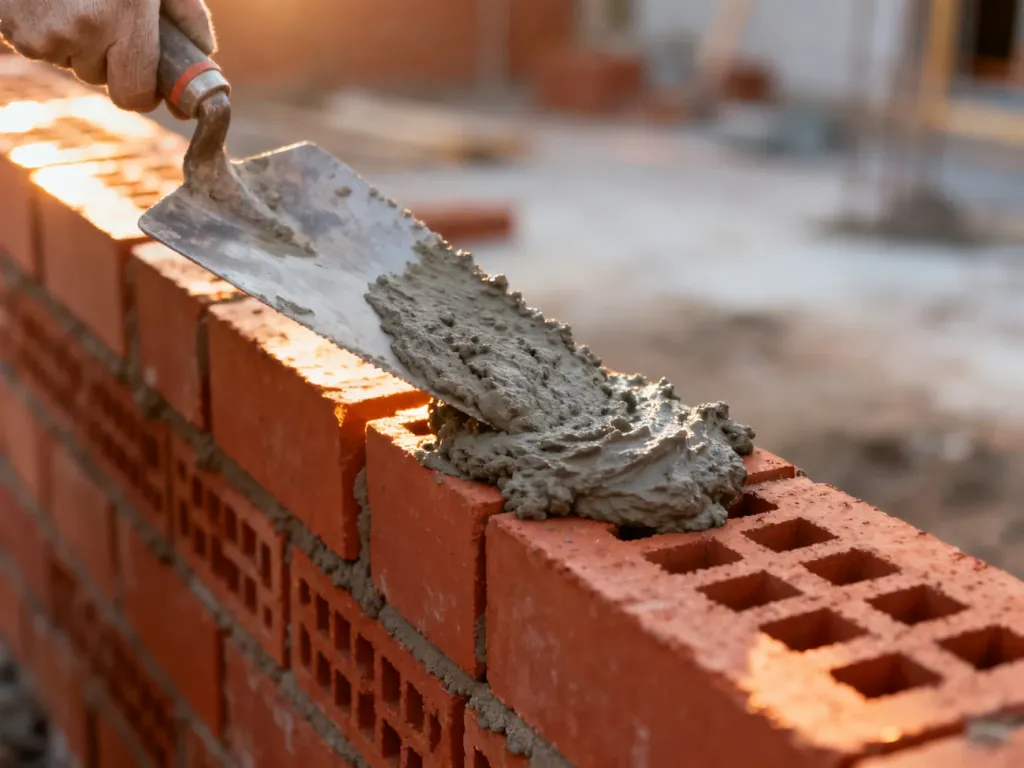 Kielnia nakładająca świeżą zaprawę na czerwone cegły, obrazująca proces murowania podczas prac budowlanych.