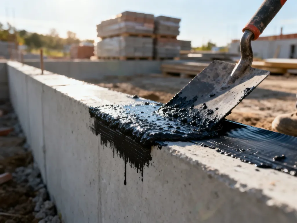 Nakładanie izolacji przeciwwilgociowej na betonowy fundament przy użyciu pacy. Widoczna tekstura masy bitumicznej.