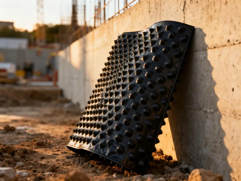 Czarna folia kubełkowa zamontowana na betonowej ścianie fundamentowej, ukazująca strukturę materiału izolacyjnego.