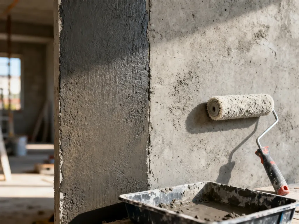 Porównanie ściany zagruntowanej preparatem głęboko penetrującym z nieobrobioną, pylącą powierzchnią betonową.