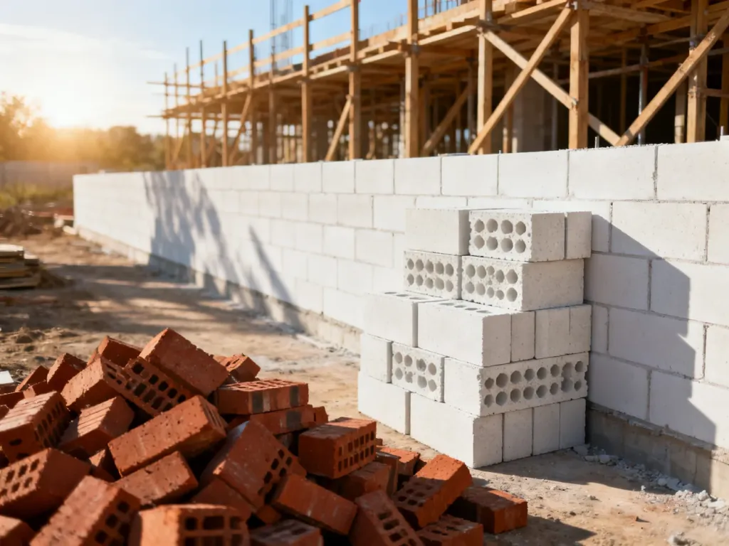 Porównanie białych bloczków z betonu komórkowego oraz czerwonej cegły na placu budowy domu.
