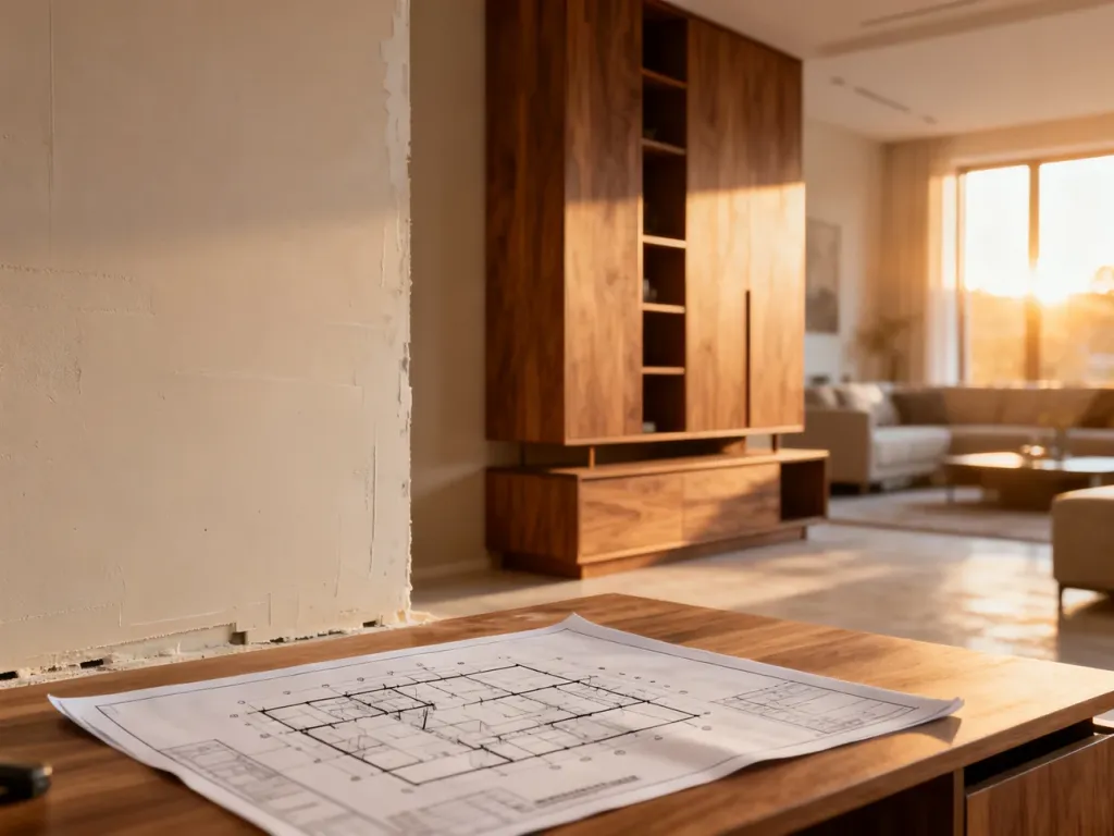 Porównanie zabudowy z płyt g-k oraz drewnianych mebli na tle planów architektonicznych w nowoczesnym salonie.