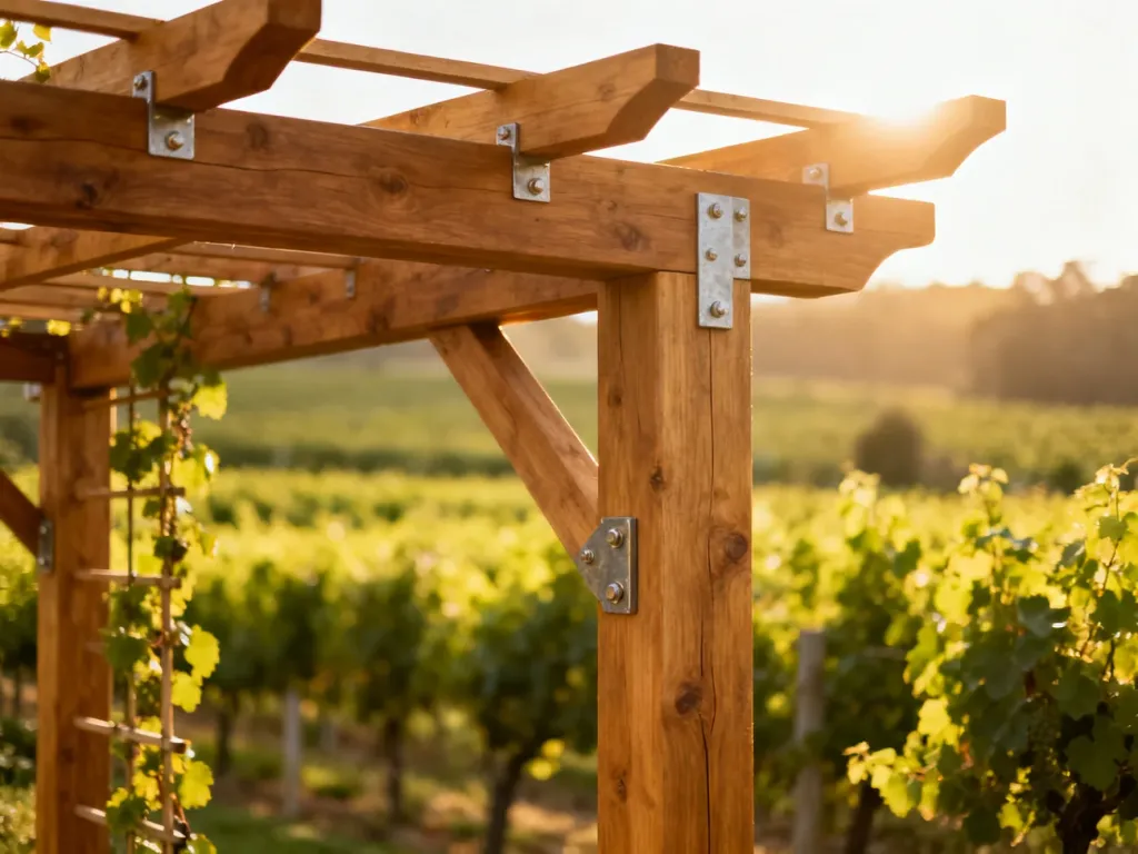 Solidna drewniana pergola w słonecznym ogrodzie, przygotowana jako podpora dla pnących się winorośli.