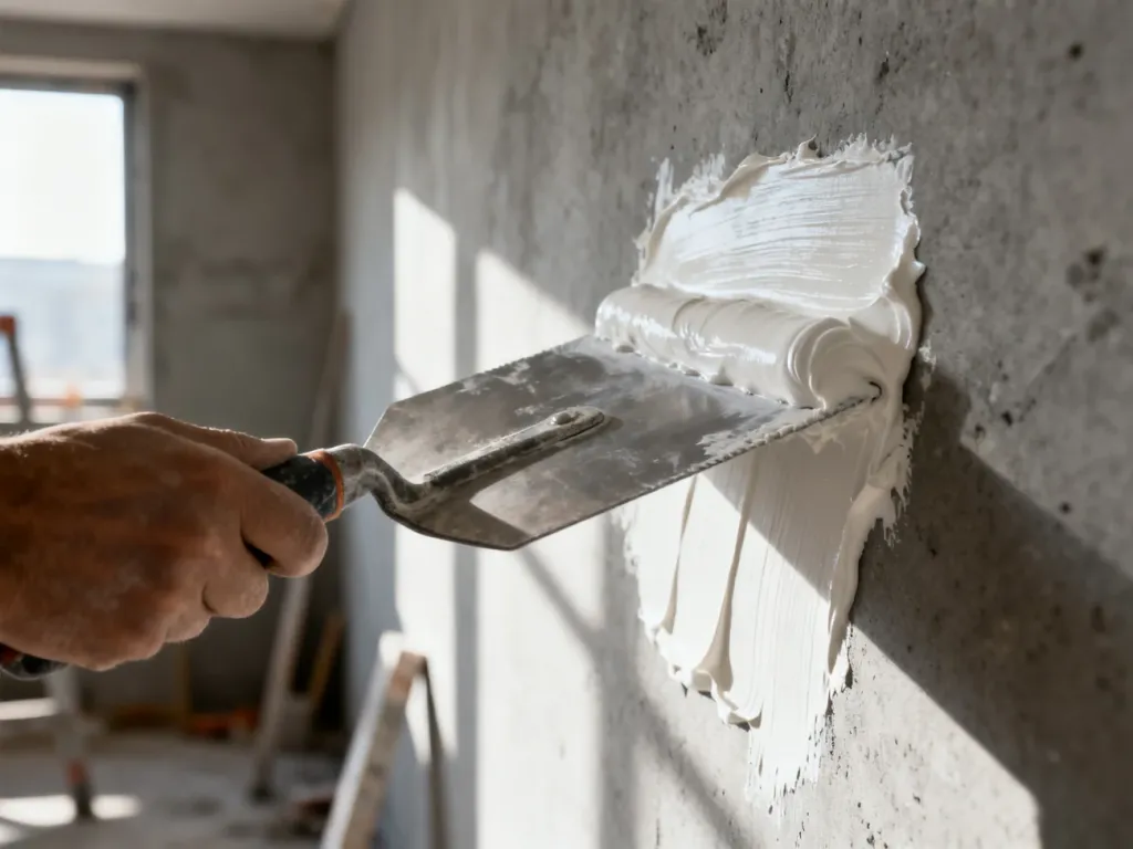 Profesjonalne nakładanie gładzi szpachlowej metalową pacą na betonową ścianę w celu jej wygładzenia.