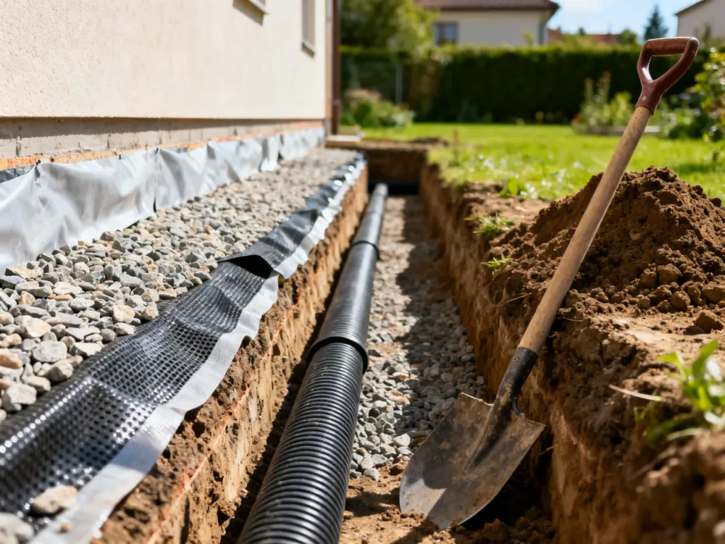 Wykop drenażowy przy fundamencie domu z widoczną rurą drenarską, warstwą żwiru, geowłókniną i łopatą na pierwszym planie.