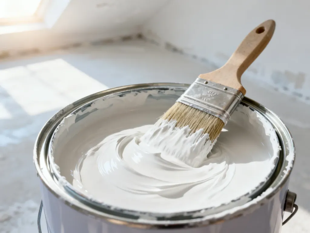 Otwarta puszka z białą farbą do sufitów oraz pędzel na tle jasnego, malowanego wnętrza w świetle poranka.