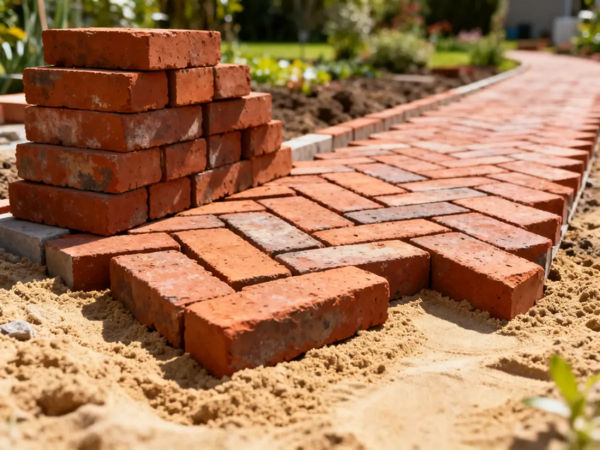 Cegły ułożone w jodełkę na piaszczystym podłożu jako element budowy ogrodowej ścieżki.