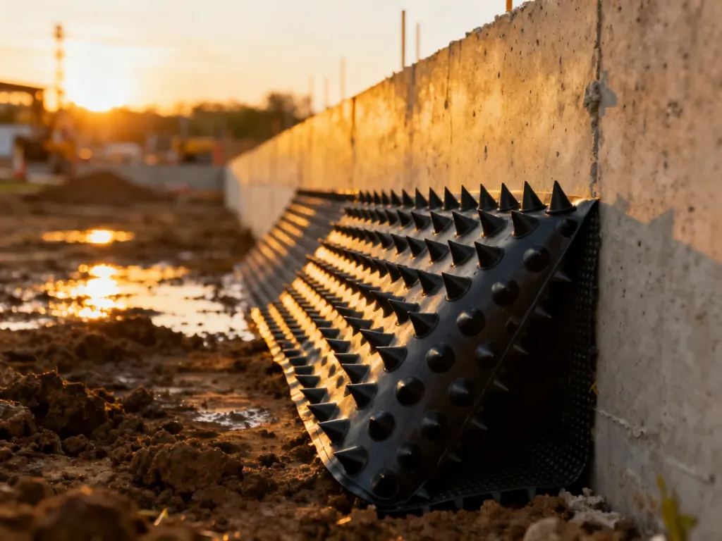 Fragment ściany fundamentowej z częściowo zamontowaną czarną folią kubełkową zapewniającą izolację przeciwwilgociową.