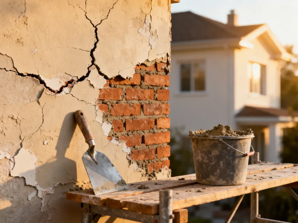 Uszkodzony tynk elewacji z widoczną cegłą oraz narzędzia i zaprawa przygotowane do naprawy ściany.
